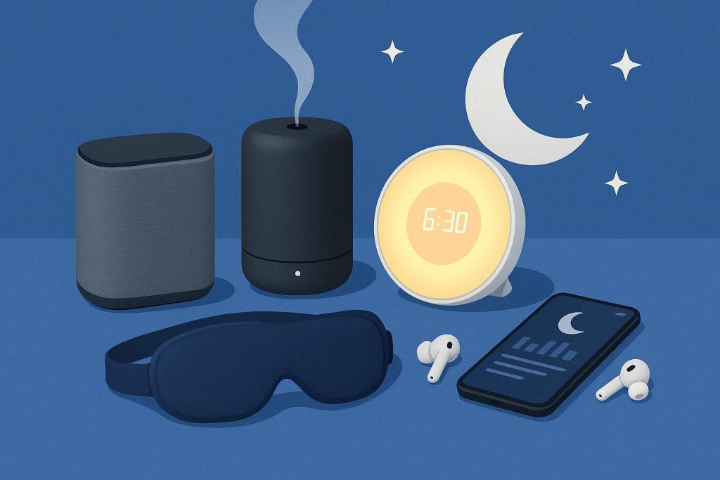 5 Gadgets to Help You Get Better Zzz’s Top sleep gadgets on a nightstand including smart alarm clock, white noise machine, and sleep tracker