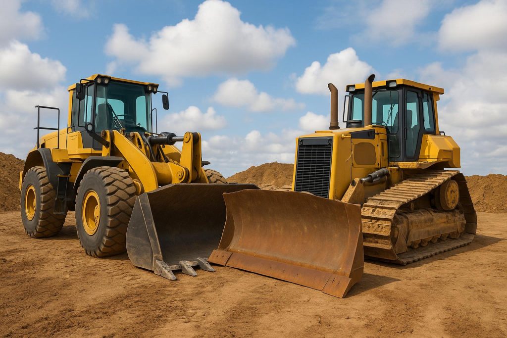 Construction site with loaders and bulldozers moving earth and materials for project development