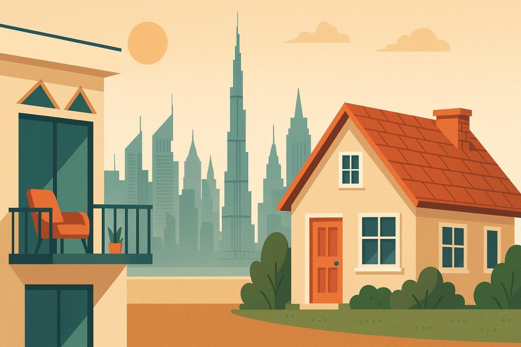 What Millennials & Gen Z Want in a Home vs What Boomers Want: A Real Estate Showdown (Dubai Perspective) Modern Dubai homes contrasting millennial, Gen Z, and boomer real estate preferences