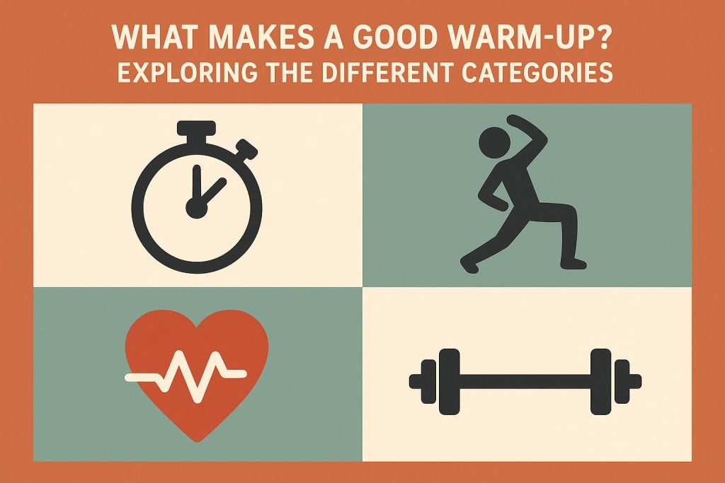 What Makes a Good Warm-Up? Exploring the Different Categories Various warm-up exercises and stretches illustrating dynamic and static warm-up techniques