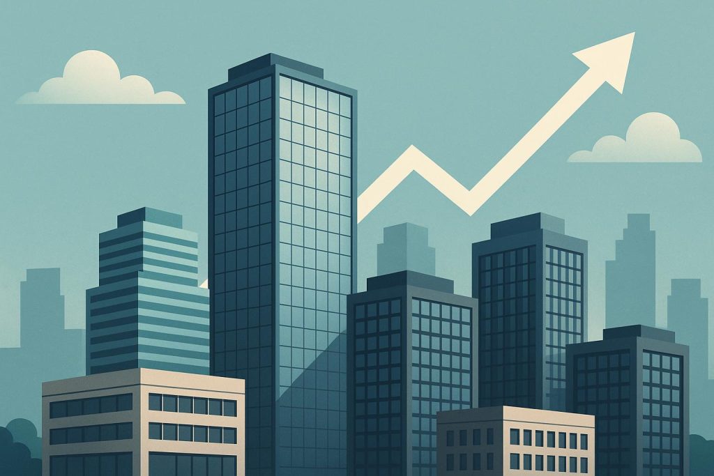 Modern commercial buildings with growth charts symbolizing future real estate investment trends
