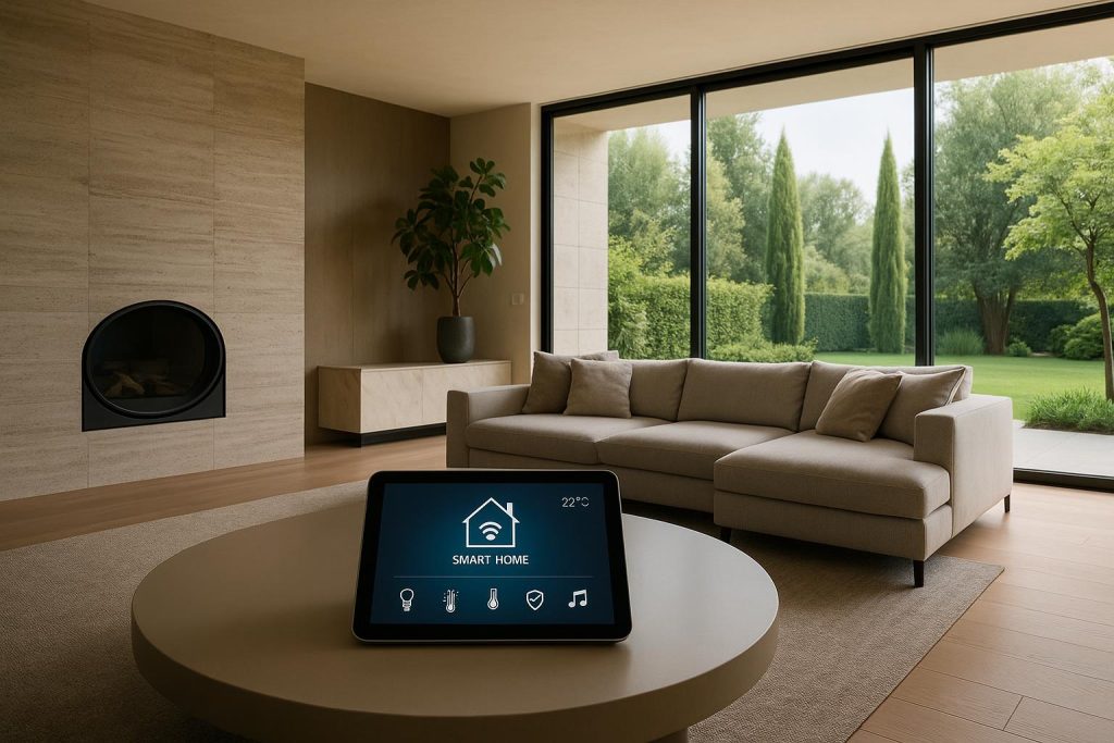 Luxury smart home interior showcasing advanced technology and modern minimalist design