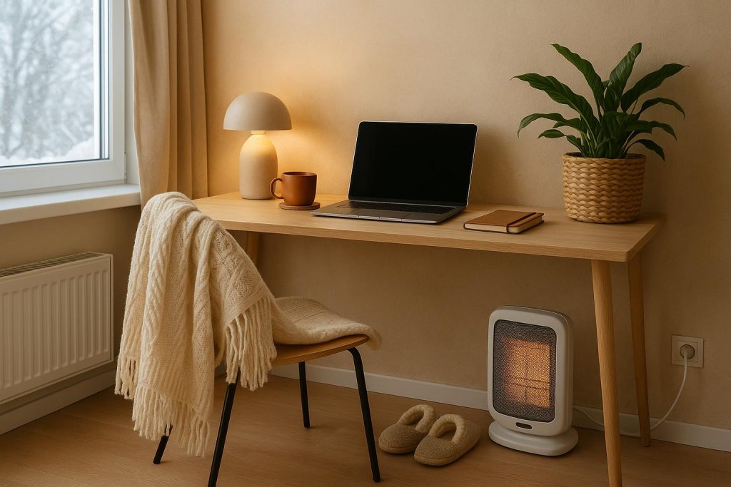 Cozy condo workspace with blankets, hot drink, and layered clothing for warmth and comfort