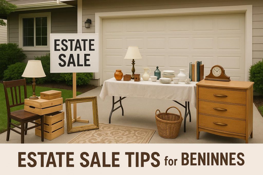 David Rook: Estate Sales Tips for Beginners Estate sale setup with antiques and collectibles displayed on tables for new sellers' tips