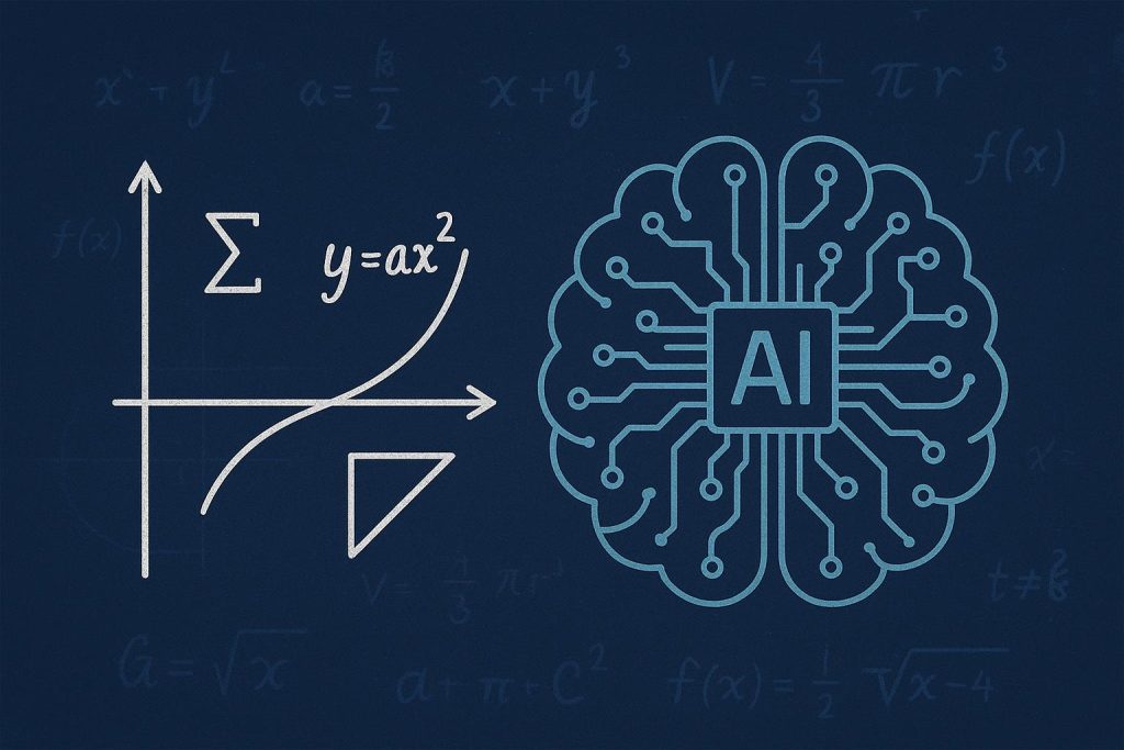 Mathematical formulas and AI symbols illustrating the connection between math and artificial intelligence