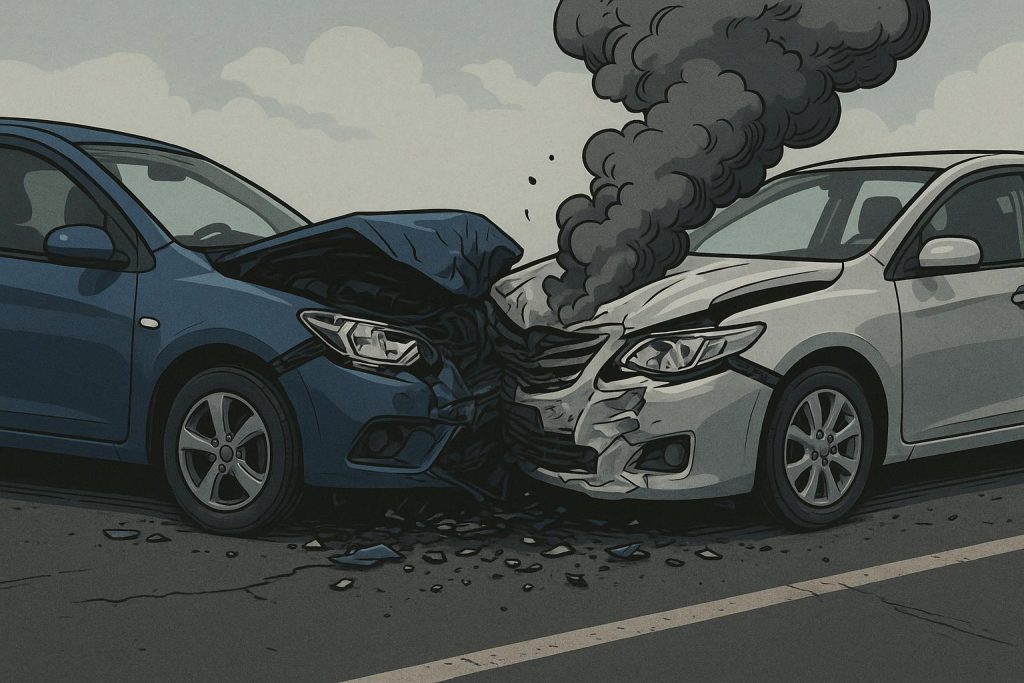 Damaged cars after a collision on a city street, illustrating steps to take after a car accident