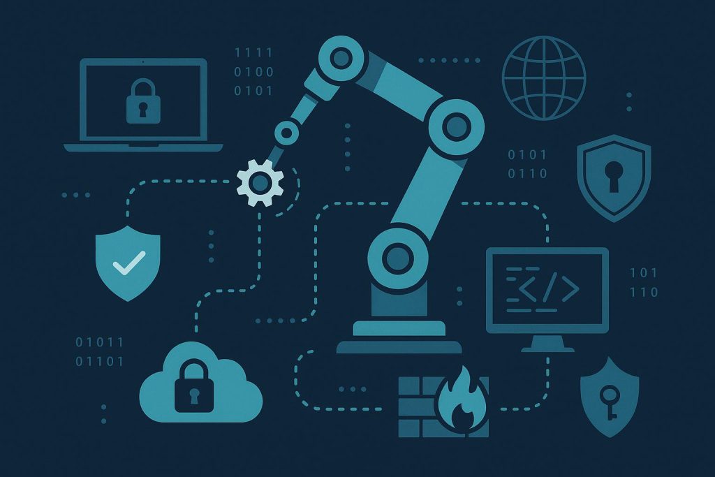 Cybersecurity operations dashboard with automation tools and data flow graphics for threat detection
