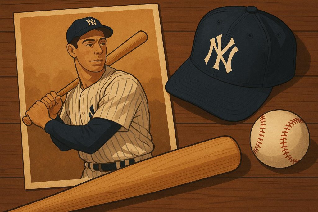 Joe DiMaggio swinging bat in New York Yankees uniform at Yankee Stadium