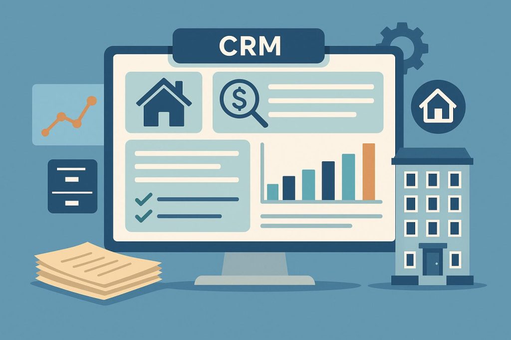 CRM dashboard streamlining real estate sales process with charts and client property listings