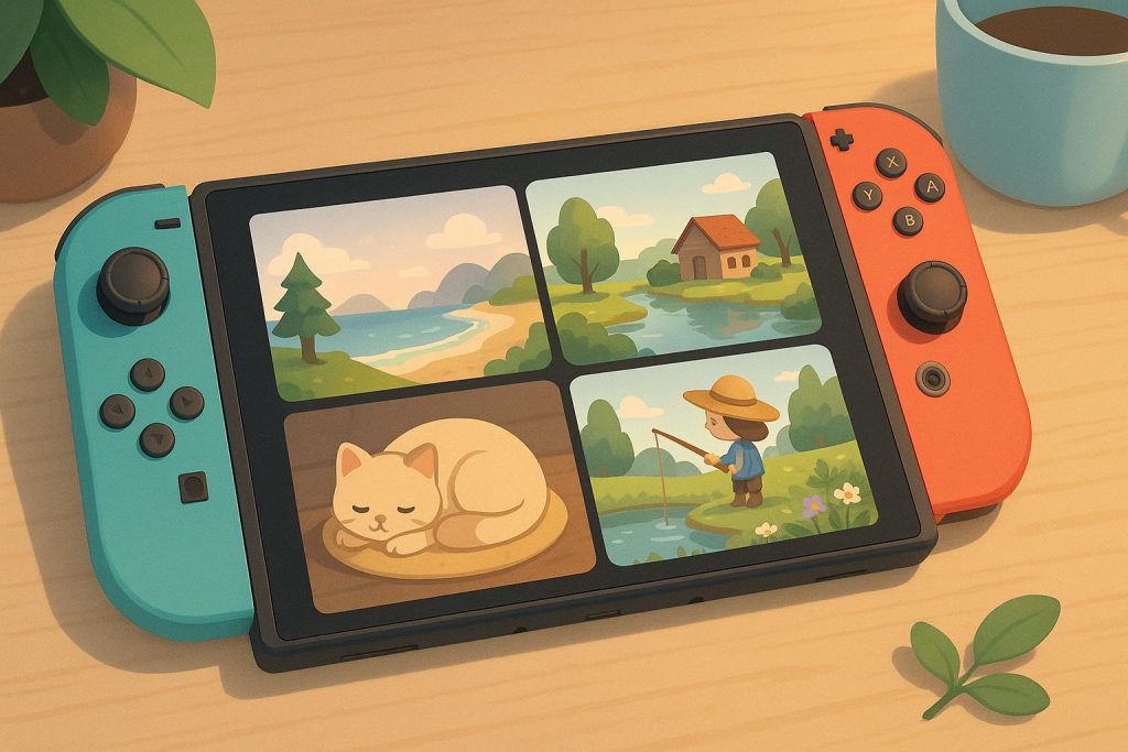 Relaxing Games To Play on the Nintendo Switch 2 Colorful Nintendo Switch 2 console with popular relaxing game scenes on the screen
