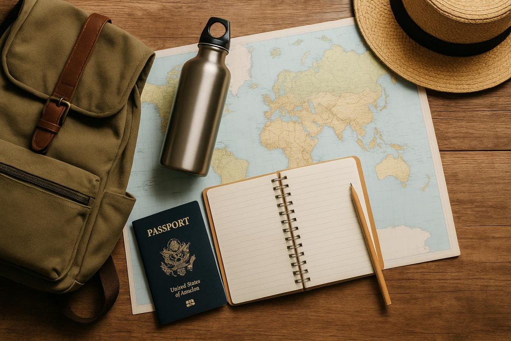 Backpack, travel essentials, and checklist for mission trip preparation and organization
