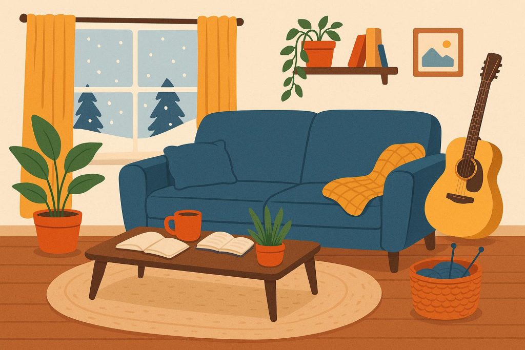 Cozy living room with books, plants, and sunlight to beat cabin fever and boost mood
