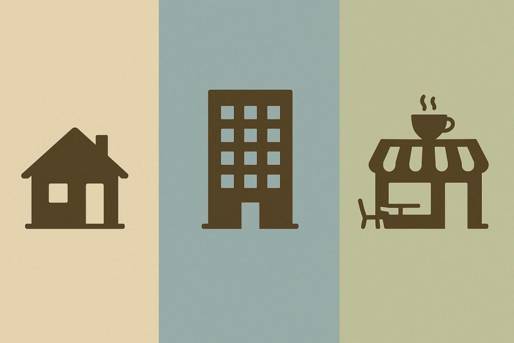 Cozy library, vibrant park, and modern café representing first, second, and third places