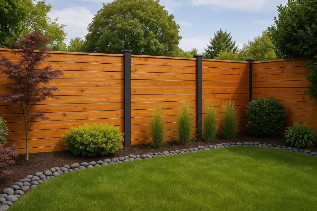 Modern backyard wooden fence with lush greenery, showcasing stylish privacy fencing designs