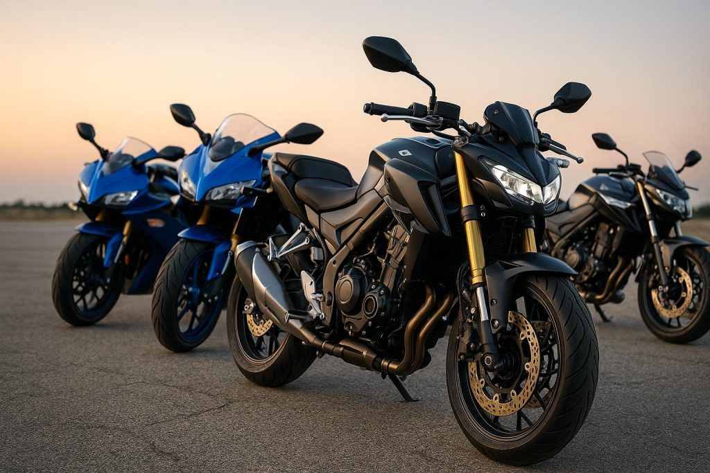 Affordable premium bikes lined up outdoors, showcasing modern design and advanced features