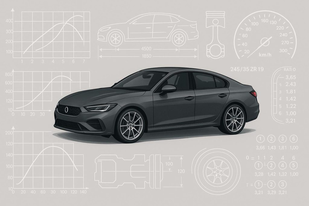 Modern car dashboard displaying advanced automotive specifications and technical features