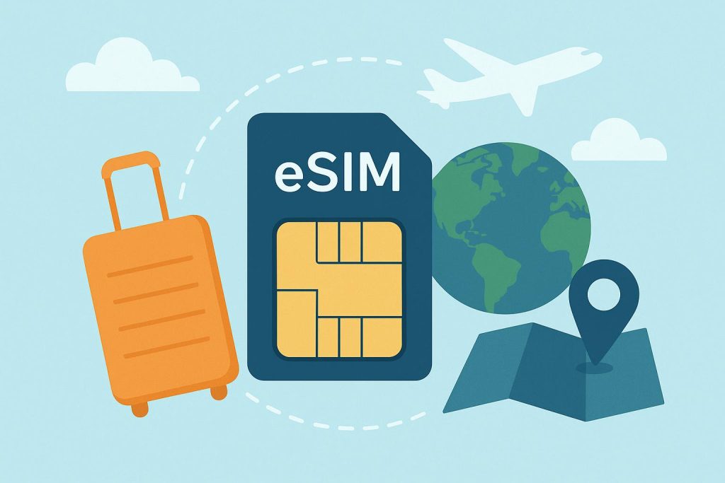 How eSIM Makes International Roaming Easier Smartphone displaying eSIM activation screen with global network icons for international roaming
