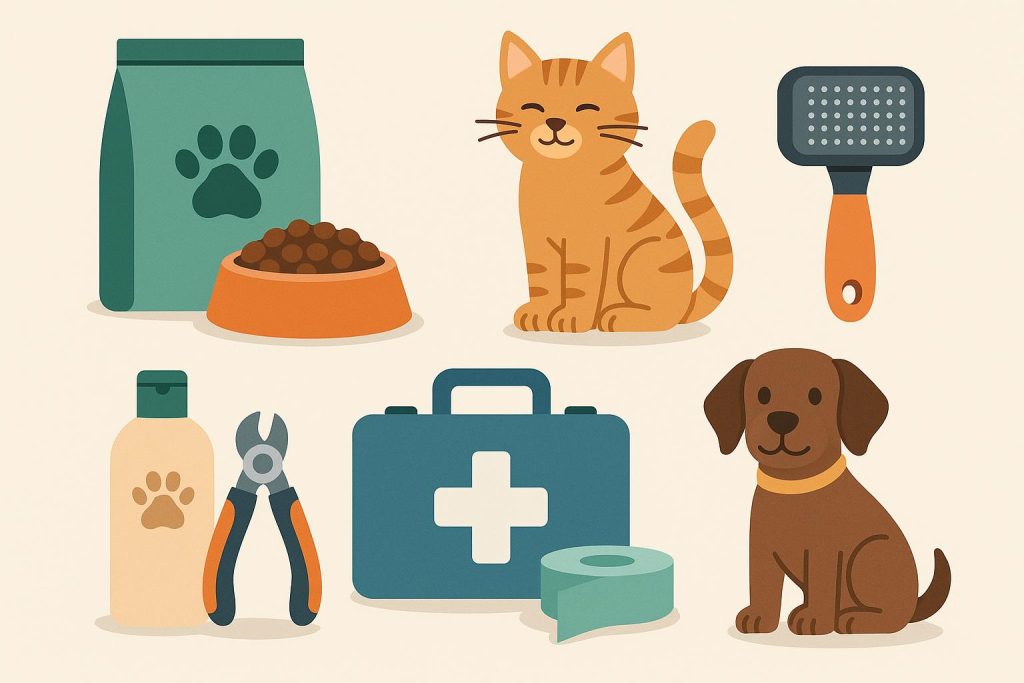 5 Easy Pet Care Tips Anyone Can Follow Dog and cat sitting together with grooming supplies, representing simple pet care tips