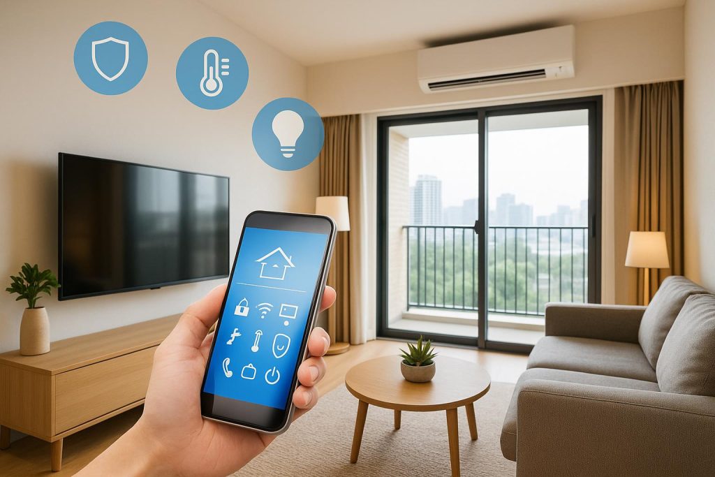 Smart home devices in a modern condo living room showcasing advanced technology features
