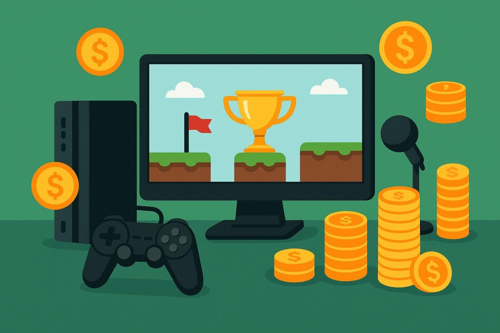 Ways To Play Video Games And Generate Income Controller, gaming setup, and money symbols representing earning income through video games