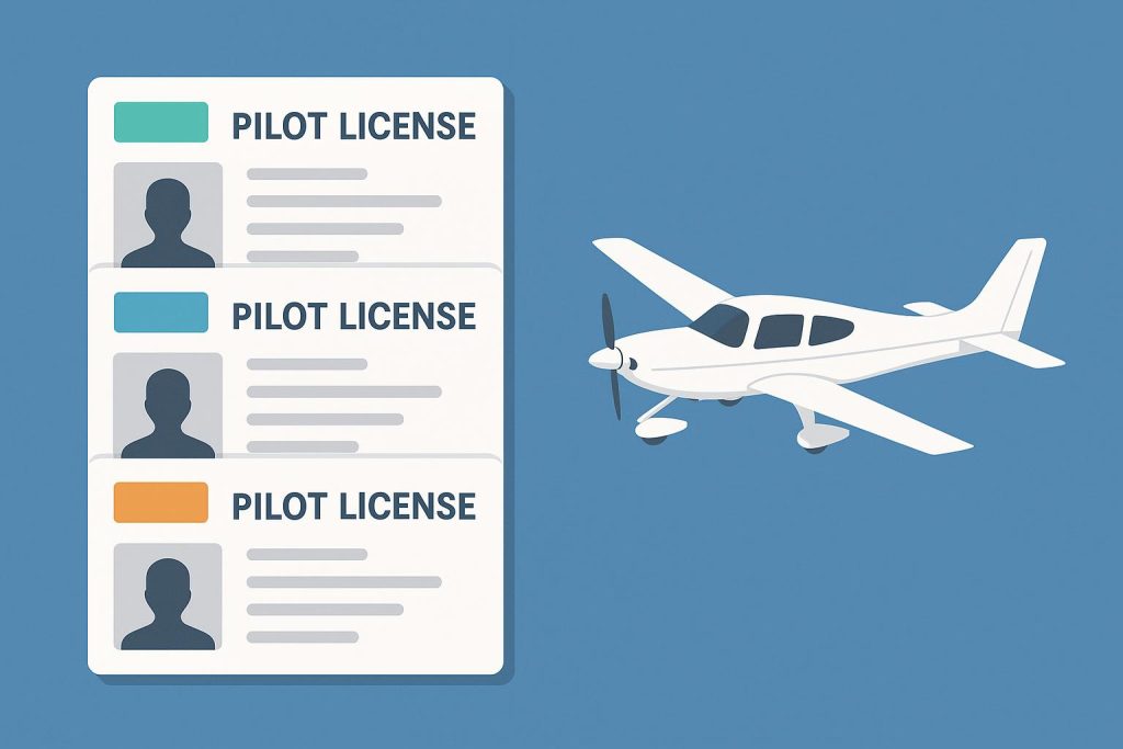 Various types of airplane pilot licenses and certifications displayed with aircraft in the background
