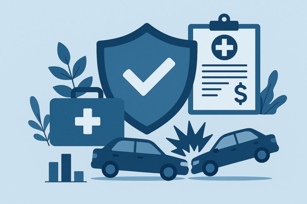 Accident insurance policy documents with stethoscope highlighting coverage and financial protection